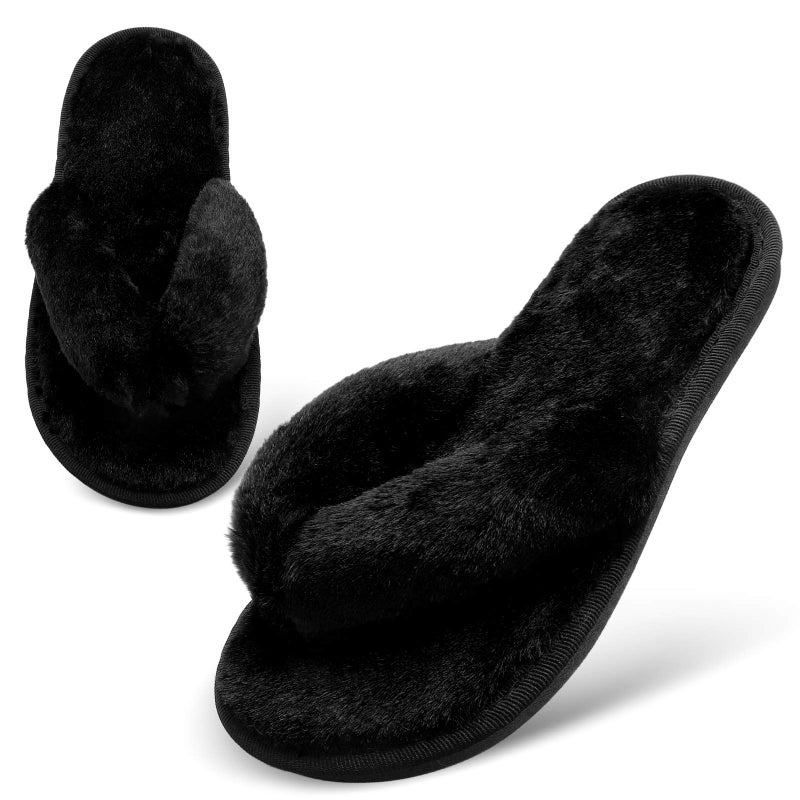 JOINFREE Women's Furry Home Slippers Soft Plush Spa Indoor Flip-Flop Shoes Black 9.5-10.5 M US - Image 1